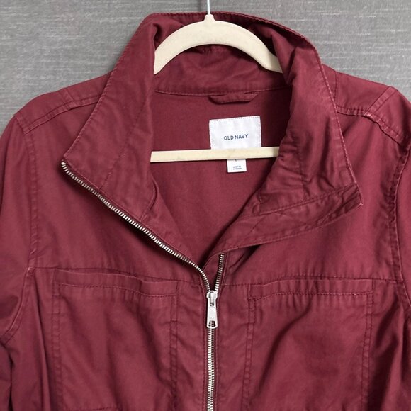 Old Navy Jacket L Burgundy Full Zip Drawstring Utility Coat Fall Layering Casual - Picture 3 of 10